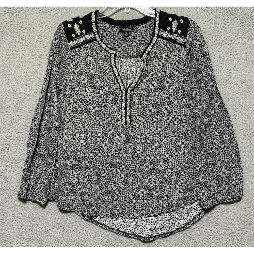 Lucky Brand Womens Boho Tunic‎ Top M Black White Geometric Printed Long Sleeve